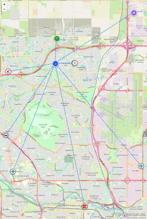 Daily accessibility map for 60 PANTEGO LN NW, Calgary showing nearby schools, grocery stores, parks, LRT stations and nearby amenities