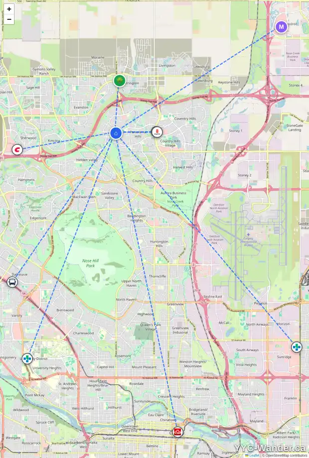 Daily accessibility map for 73 PANTEGO LN NW, Calgary showing nearby schools, grocery stores, parks, LRT stations and nearby amenities