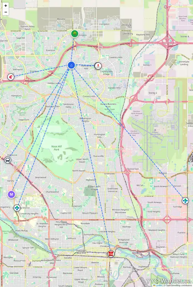 Daily accessibility map for 241 PANTEGO LN NW, Calgary showing nearby schools, grocery stores, parks, LRT stations and nearby amenities