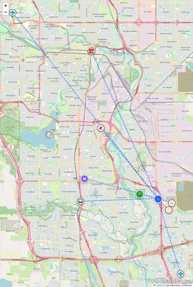 Daily accessibility map for 105 DOUGLAS RIDGE PL SE, Calgary showing nearby schools, grocery stores, parks, LRT stations and nearby amenities