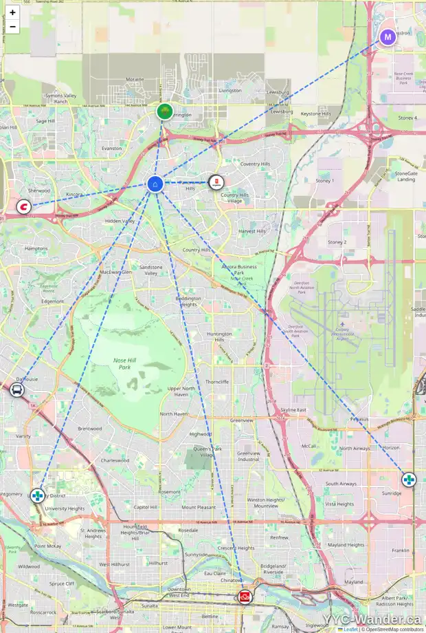 Daily accessibility map for 88 PANTEGO LN NW, Calgary showing nearby schools, grocery stores, parks, LRT stations and nearby amenities