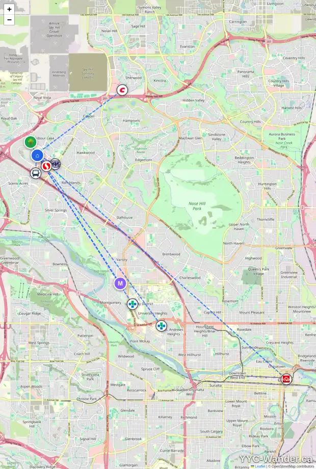 Daily accessibility map for 53 ARBOUR WOOD CR NW, Calgary showing nearby schools, grocery stores, parks, LRT stations and nearby amenities