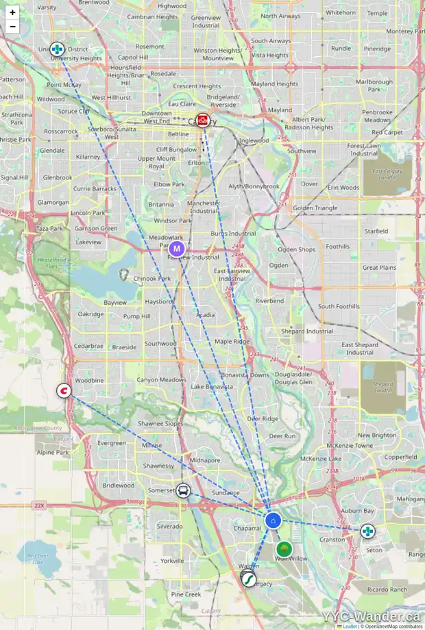 Daily accessibility map for 102 CHAPARRAL VALLEY SQ SE, Calgary showing nearby schools, grocery stores, parks, LRT stations and nearby amenities