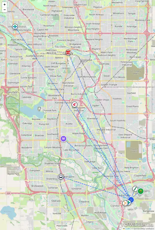Daily accessibility map for 49 AUBURN CREST LN SE, Calgary showing nearby schools, grocery stores, parks, LRT stations and nearby amenities