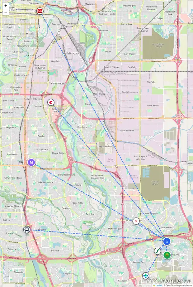 Daily accessibility map for 213 MAHOGANY HT SE, Calgary showing nearby schools, grocery stores, parks, LRT stations and nearby amenities