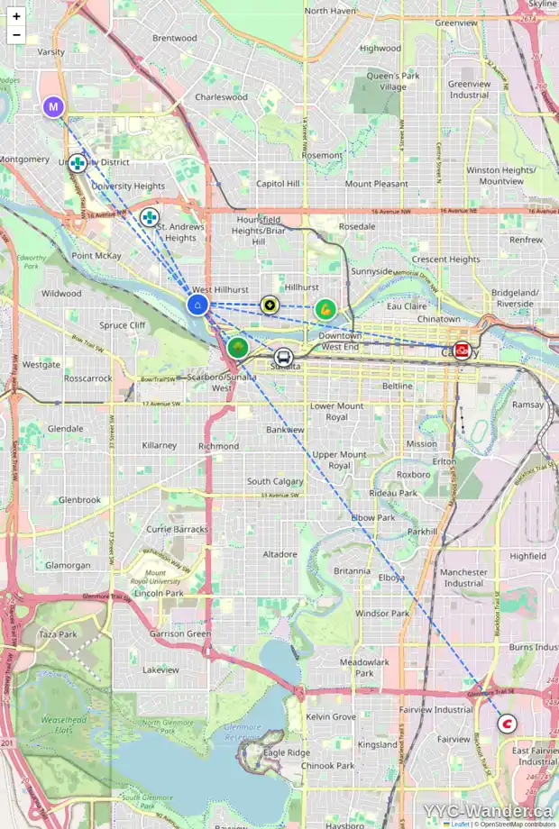 Daily accessibility map for 110 2611 1 AV NW, Calgary showing nearby schools, grocery stores, parks, LRT stations and nearby amenities