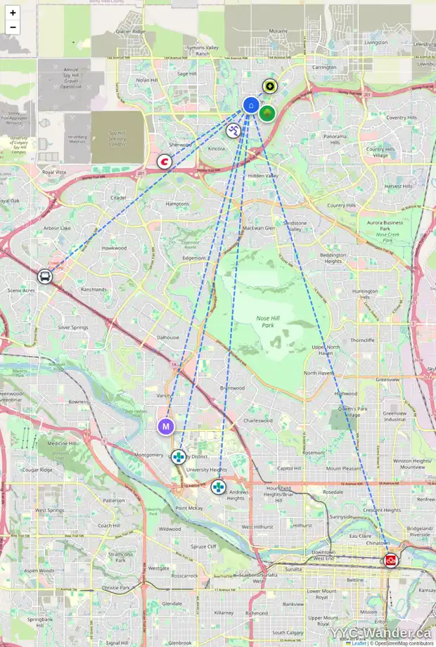 Daily accessibility map for 21 EVANSVIEW MR NW, Calgary showing nearby schools, grocery stores, parks, LRT stations and nearby amenities
