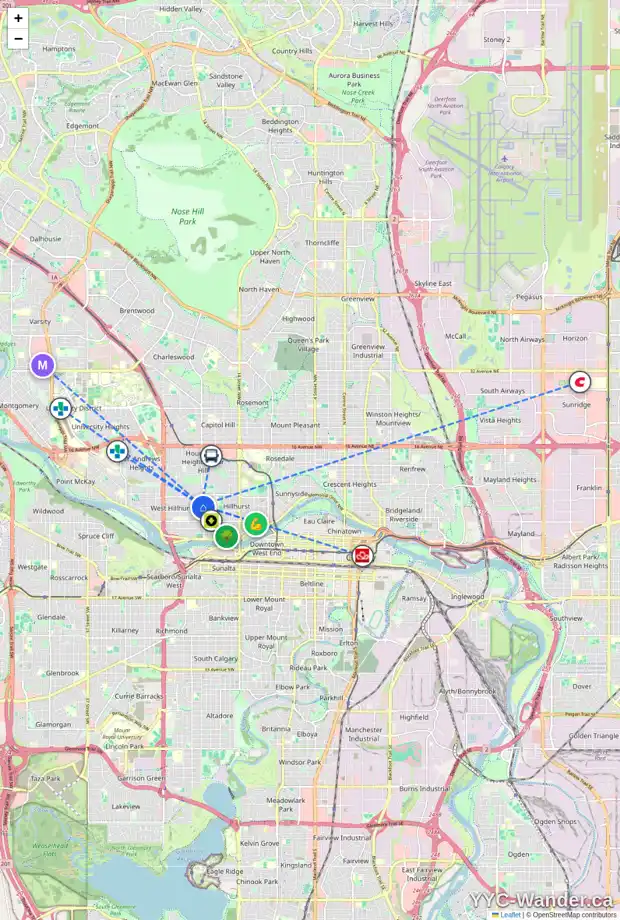 Daily accessibility map for 2010 3 AV NW, Calgary showing nearby schools, grocery stores, parks, LRT stations and nearby amenities