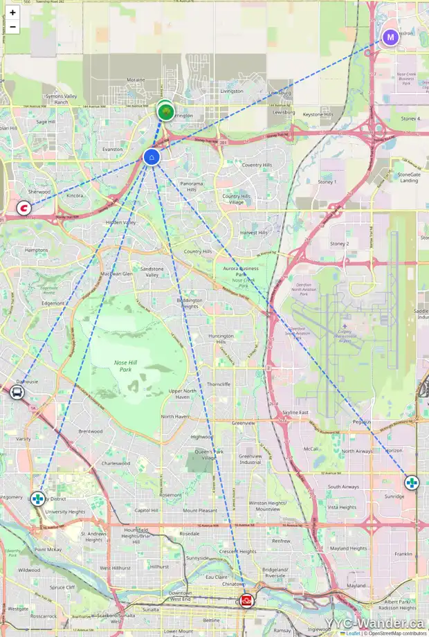 Daily accessibility map for 106 PANORA CO NW, Calgary showing nearby schools, grocery stores, parks, LRT stations and nearby amenities
