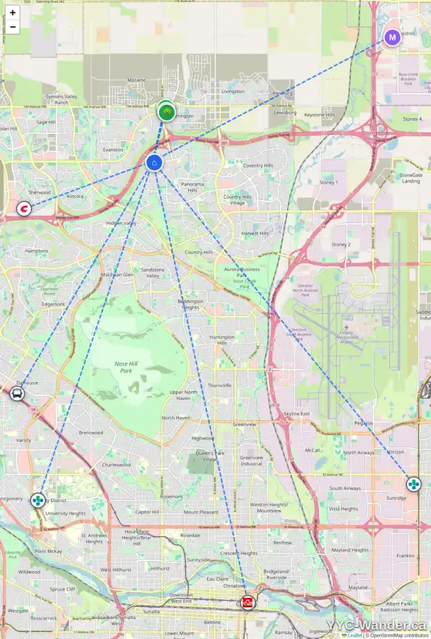 Daily accessibility map for 560 PANORA WY NW, Calgary showing nearby schools, grocery stores, parks, LRT stations and nearby amenities