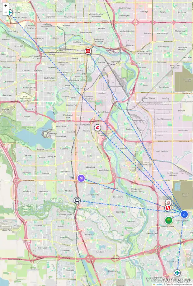 Daily accessibility map for 2203 BRIGHTONCREST CM SE, Calgary showing nearby schools, grocery stores, parks, LRT stations and nearby amenities