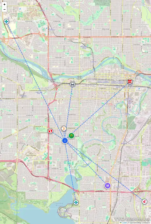 Daily accessibility map for 4020 19 ST SW, Calgary showing nearby schools, grocery stores, parks, LRT stations and nearby amenities