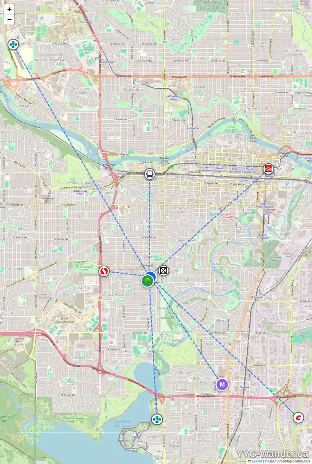 Daily accessibility map for 2 3716 16 ST SW, Calgary showing nearby schools, grocery stores, parks, LRT stations and nearby amenities