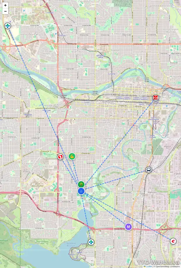 Daily accessibility map for 1905 49 AV SW, Calgary showing nearby schools, grocery stores, parks, LRT stations and nearby amenities
