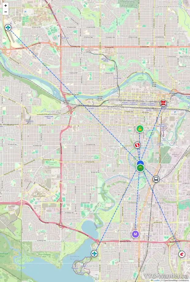 Daily accessibility map for 407 33 AV SW, Calgary showing nearby schools, grocery stores, parks, LRT stations and nearby amenities