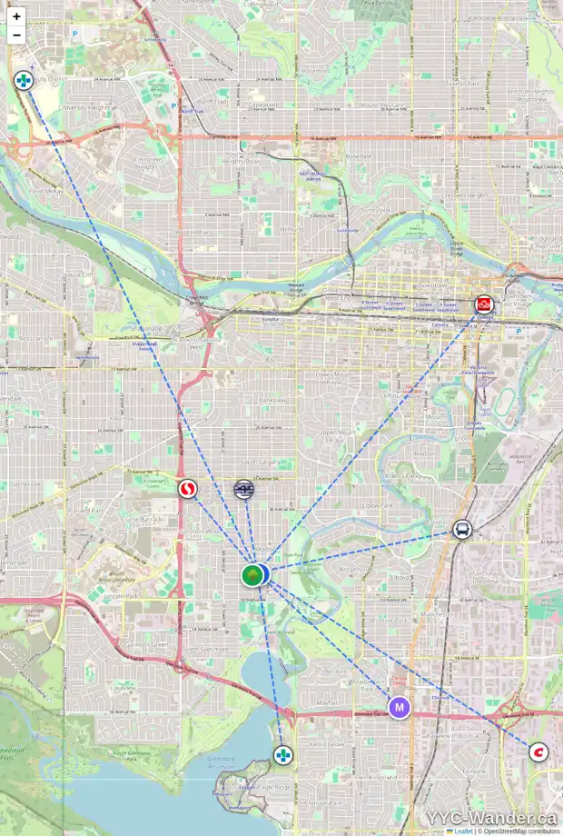 Daily accessibility map for 1733 46 AV SW, Calgary showing nearby schools, grocery stores, parks, LRT stations and nearby amenities
