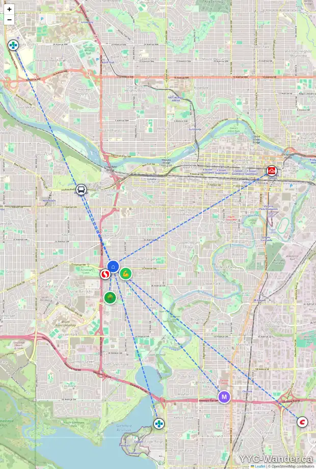 Daily accessibility map for 2239 32 AV SW, Calgary showing nearby schools, grocery stores, parks, LRT stations and nearby amenities