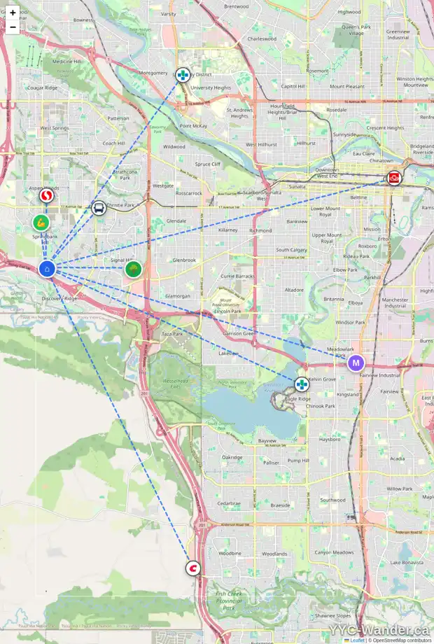 Daily accessibility map for 8227 FORTRESS DR SW, Calgary showing nearby schools, grocery stores, parks, LRT stations and nearby amenities
