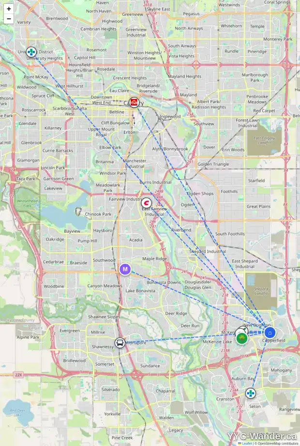Daily accessibility map for 2005 NEW BRIGHTON PA SE, Calgary showing nearby schools, grocery stores, parks, LRT stations and nearby amenities
