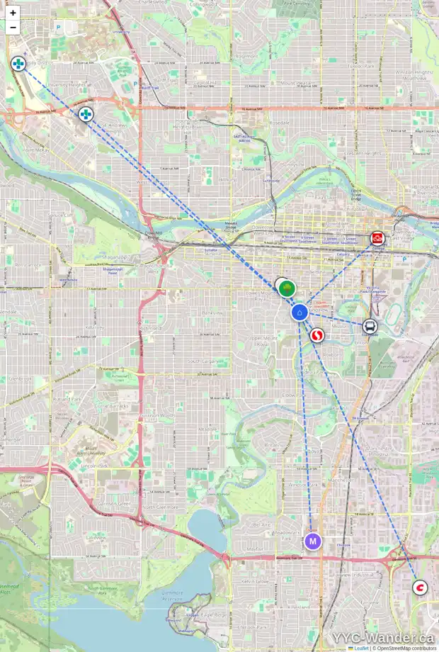 Daily accessibility map for 2110 HOPE ST SW, Calgary showing nearby schools, grocery stores, parks, LRT stations and nearby amenities