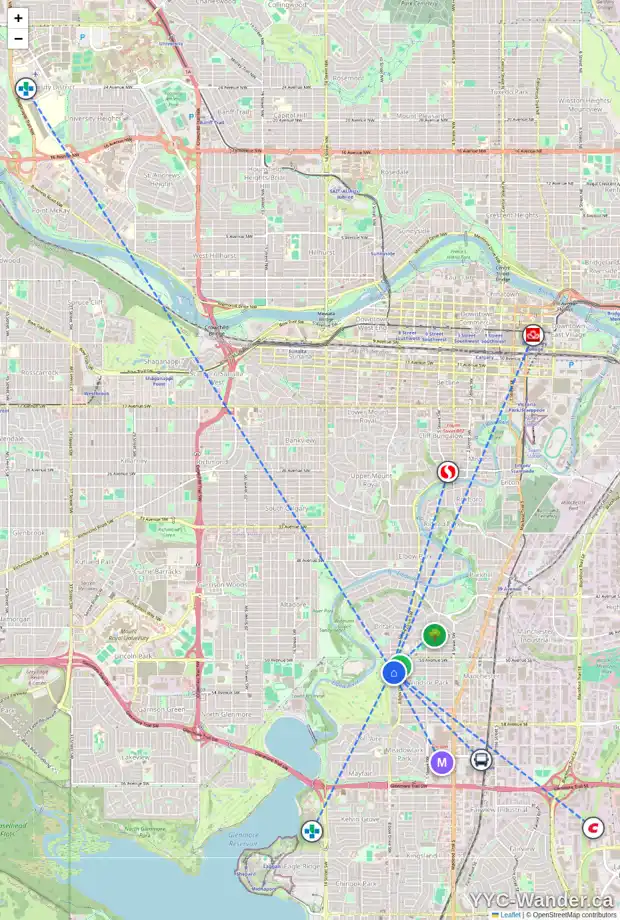 Daily accessibility map for 25 WINDSOR CR SW, Calgary showing nearby schools, grocery stores, parks, LRT stations and nearby amenities