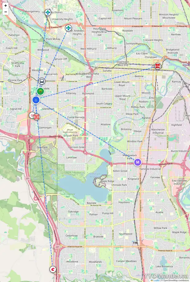 Daily accessibility map for 212 3000 51 ST SW, Calgary showing nearby schools, grocery stores, parks, LRT stations and nearby amenities