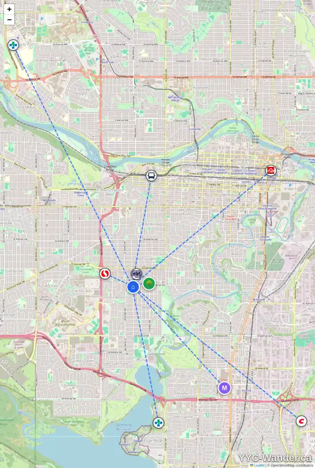 Daily accessibility map for 2008 38 AV SW, Calgary showing nearby schools, grocery stores, parks, LRT stations and nearby amenities