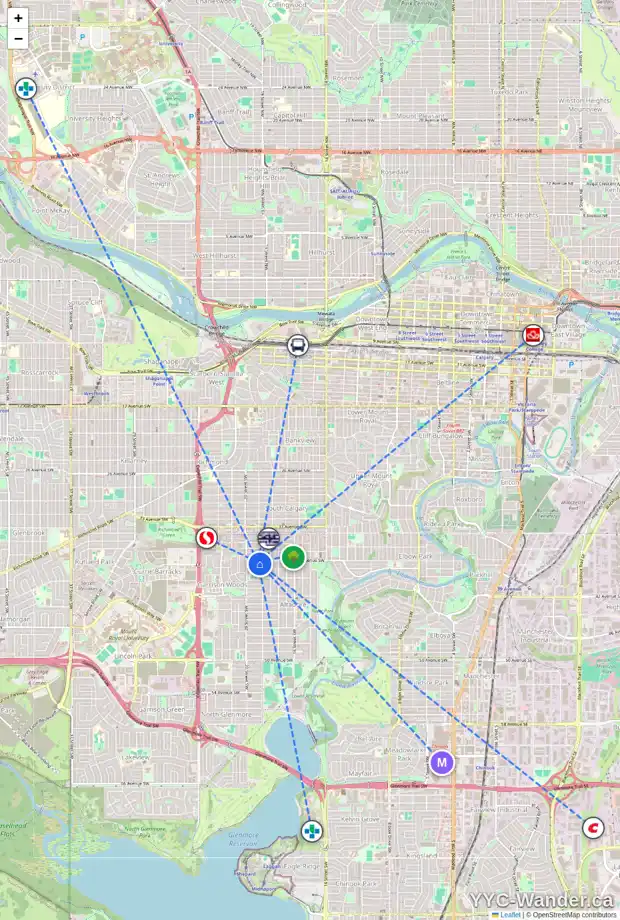 Daily accessibility map for 2016 38 AV SW, Calgary showing nearby schools, grocery stores, parks, LRT stations and nearby amenities