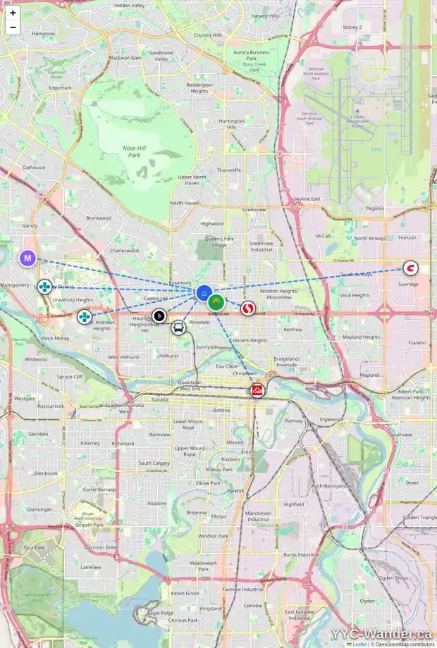 Daily accessibility map for 829 23 AV NW, Calgary showing nearby schools, grocery stores, parks, LRT stations and nearby amenities
