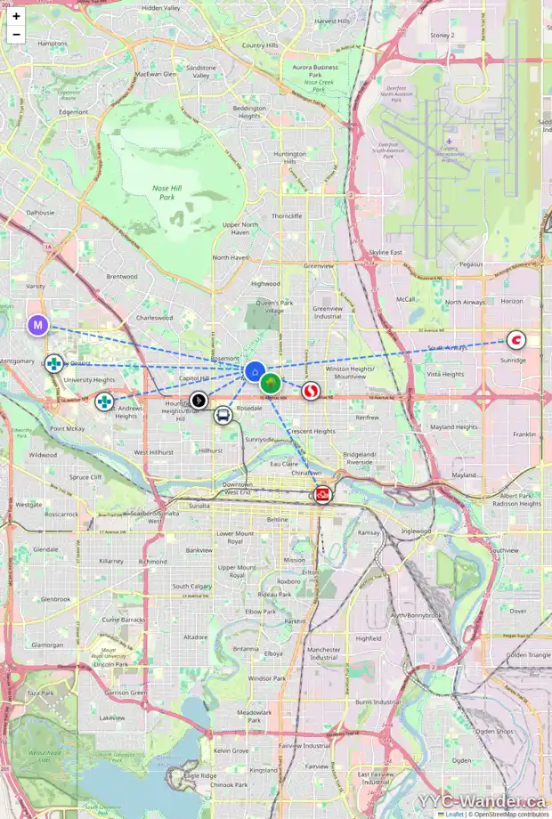 Daily accessibility map for 831 23 AV NW, Calgary showing nearby schools, grocery stores, parks, LRT stations and nearby amenities