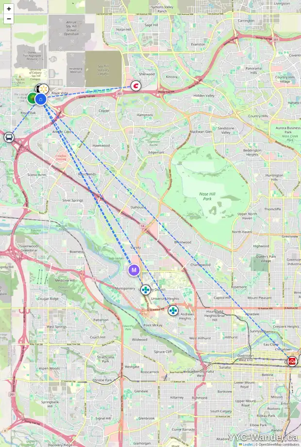 Daily accessibility map for 419 70 ROYAL OAK PZ NW, Calgary showing nearby schools, grocery stores, parks, LRT stations and nearby amenities