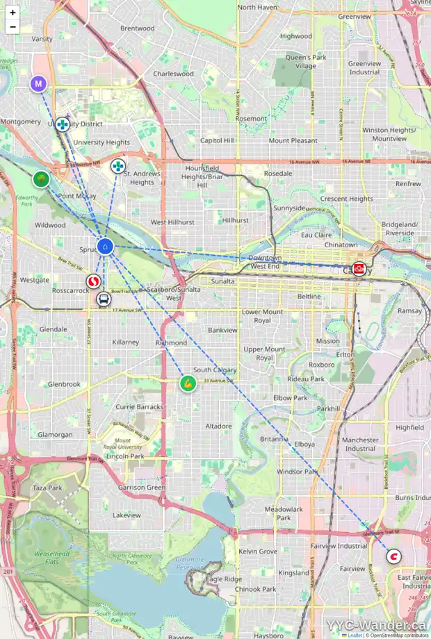 Daily accessibility map for 3503 SPRUCE DR SW, Calgary showing nearby schools, grocery stores, parks, LRT stations and nearby amenities