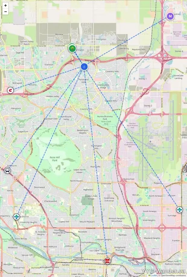 Daily accessibility map for 1531 PANATELLA BV NW, Calgary showing nearby schools, grocery stores, parks, LRT stations and nearby amenities
