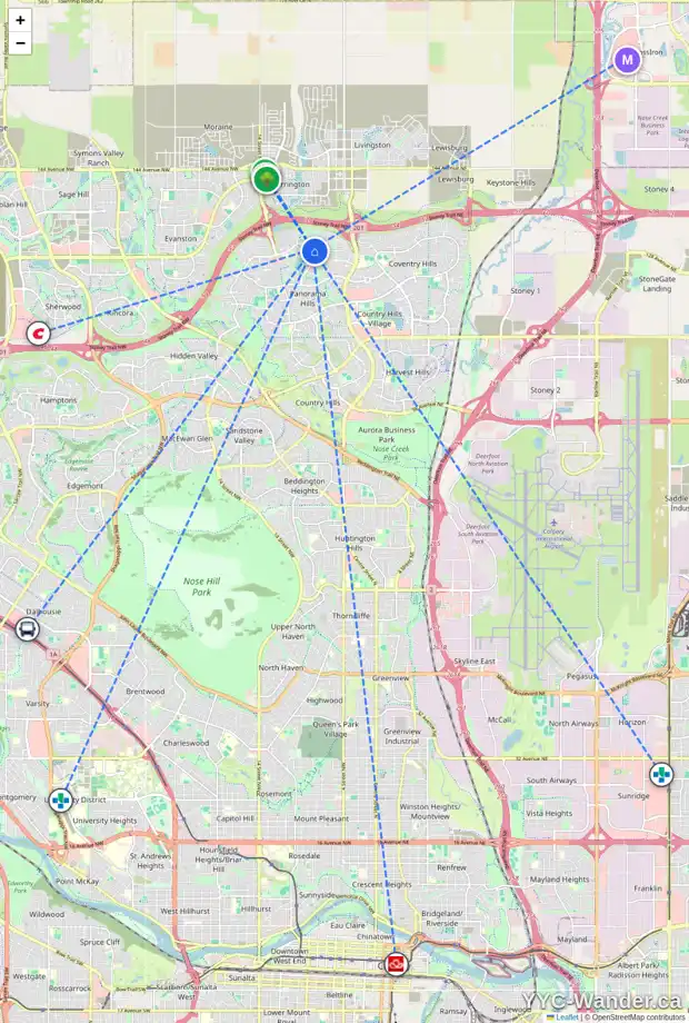 Daily accessibility map for 220 PANATELLA CA NW, Calgary showing nearby schools, grocery stores, parks, LRT stations and nearby amenities