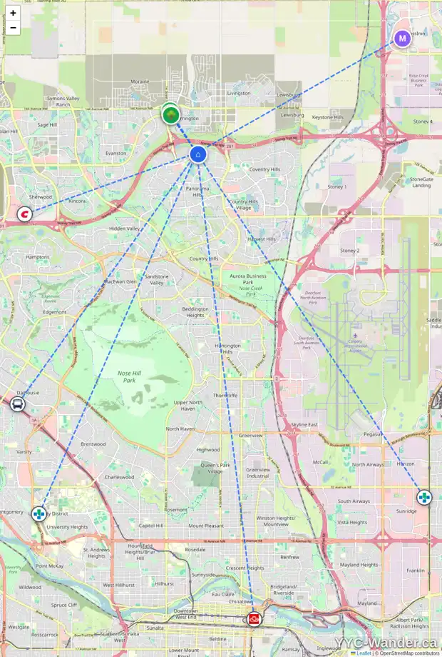 Daily accessibility map for 35 PANTON LD NW, Calgary showing nearby schools, grocery stores, parks, LRT stations and nearby amenities