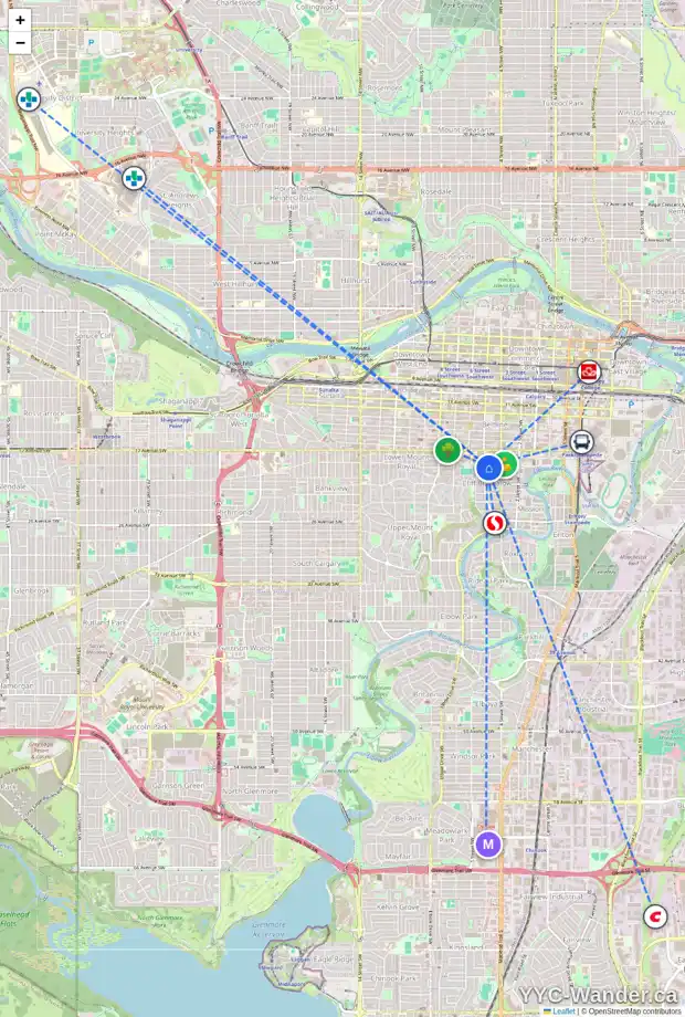 Daily accessibility map for 546 19 AV SW, Calgary showing nearby schools, grocery stores, parks, LRT stations and nearby amenities