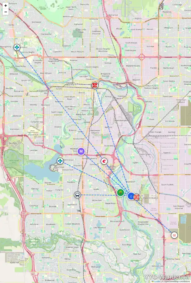 Daily accessibility map for 206 QUARRY PARK BV SE, Calgary showing nearby schools, grocery stores, parks, LRT stations and nearby amenities