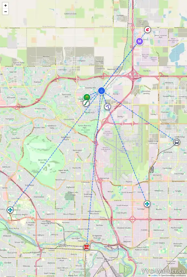 Daily accessibility map for 153 COVERTON CI NE, Calgary showing nearby schools, grocery stores, parks, LRT stations and nearby amenities