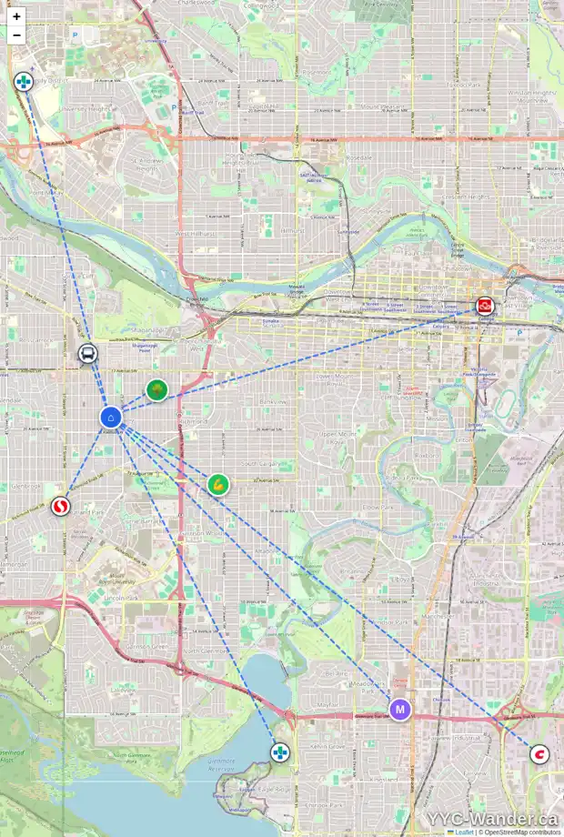 Daily accessibility map for 2428 31 ST SW, Calgary showing nearby schools, grocery stores, parks, LRT stations and nearby amenities