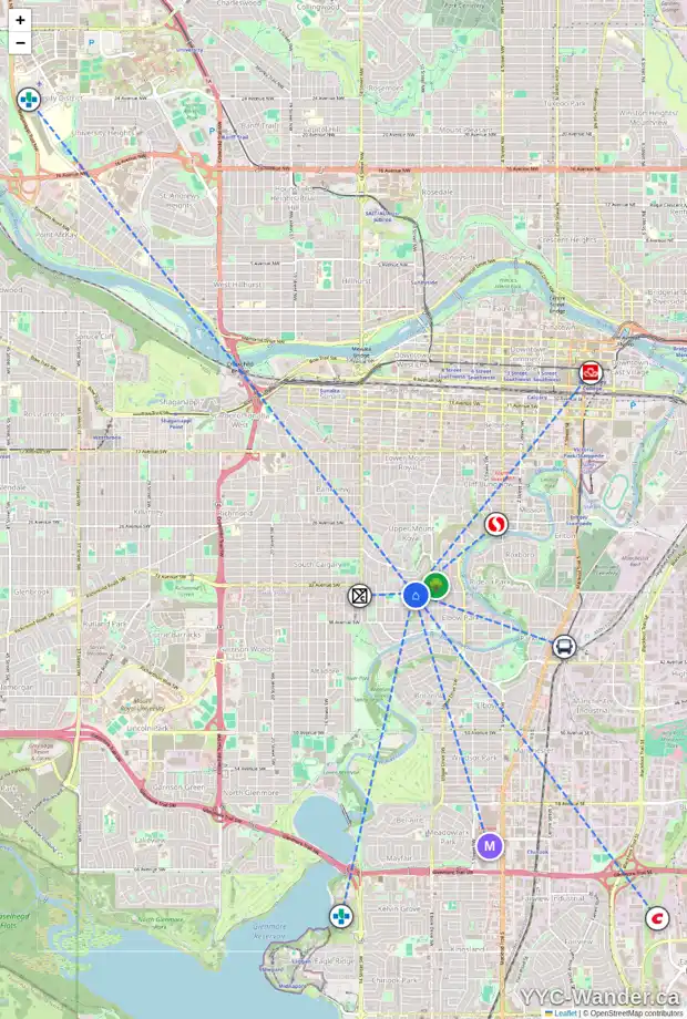 Daily accessibility map for 3604 9 ST SW, Calgary showing nearby schools, grocery stores, parks, LRT stations and nearby amenities