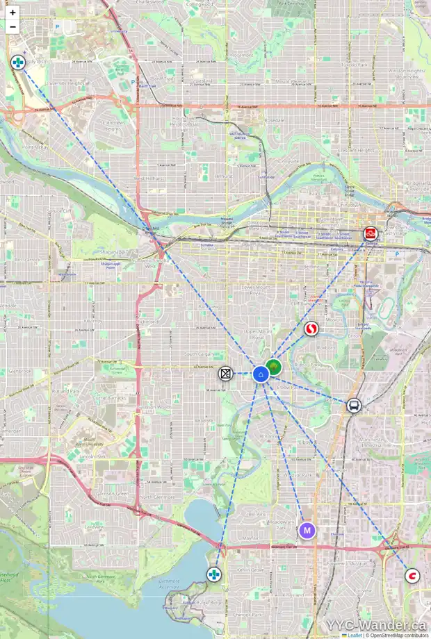 Daily accessibility map for 3608 9 ST SW, Calgary showing nearby schools, grocery stores, parks, LRT stations and nearby amenities