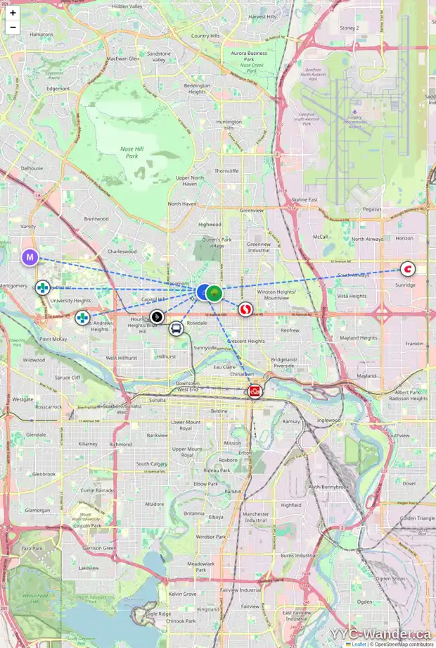 Daily accessibility map for 806 23 AV NW, Calgary showing nearby schools, grocery stores, parks, LRT stations and nearby amenities