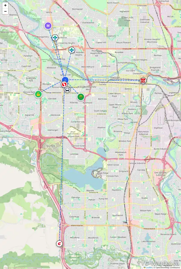 Daily accessibility map for 630 36 ST SW, Calgary showing nearby schools, grocery stores, parks, LRT stations and nearby amenities