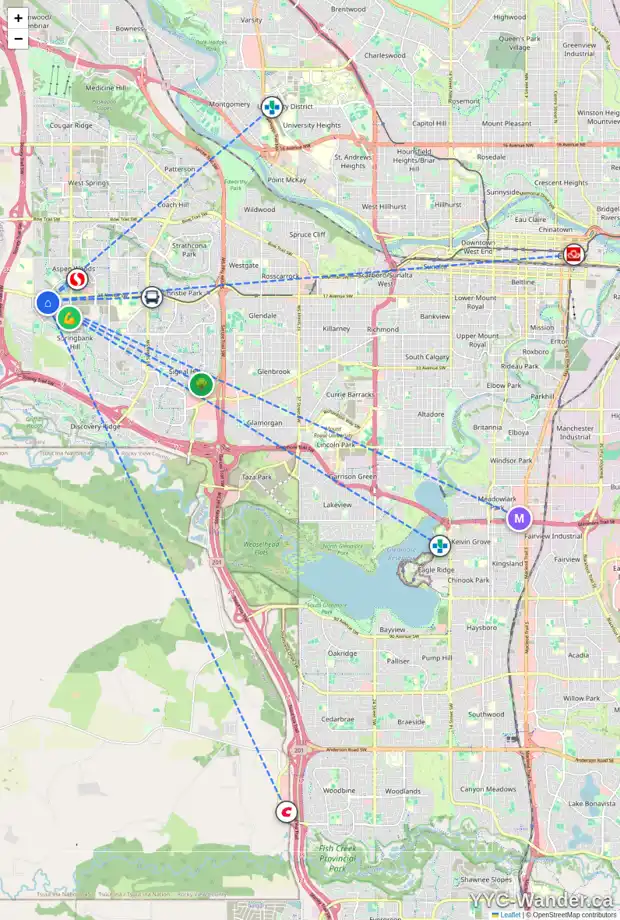 Daily accessibility map for 121 TREMBLANT HT SW, Calgary showing nearby schools, grocery stores, parks, LRT stations and nearby amenities