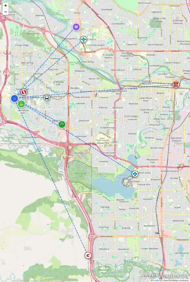 Daily accessibility map for 141 TREMBLANT HT SW, Calgary showing nearby schools, grocery stores, parks, LRT stations and nearby amenities