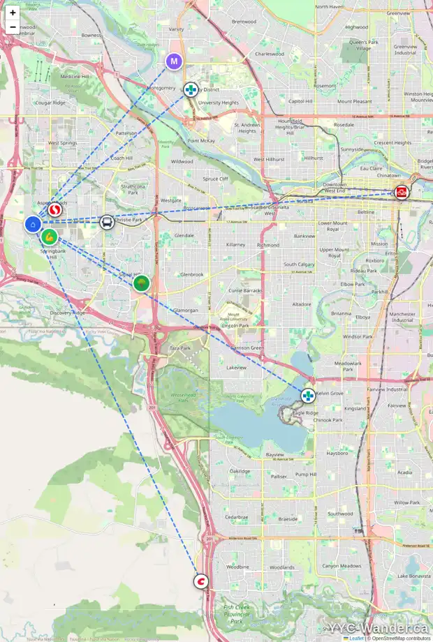 Daily accessibility map for 145 TREMBLANT HT SW, Calgary showing nearby schools, grocery stores, parks, LRT stations and nearby amenities