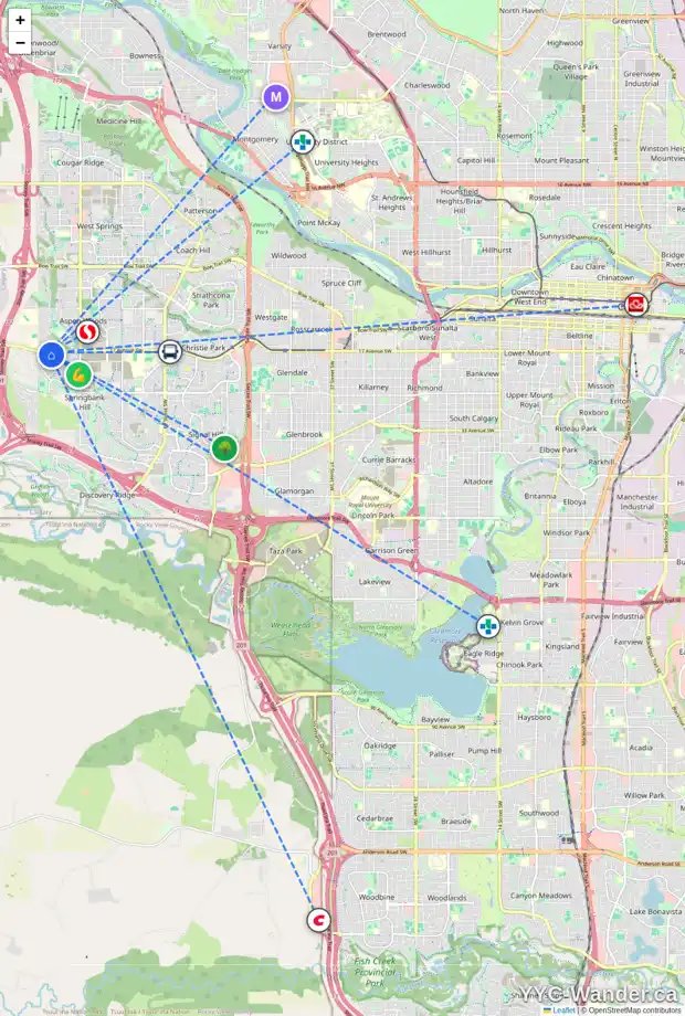 Daily accessibility map for 149 TREMBLANT HT SW, Calgary showing nearby schools, grocery stores, parks, LRT stations and nearby amenities