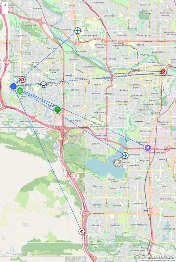 Daily accessibility map for 165 TREMBLANT HT SW, Calgary showing nearby schools, grocery stores, parks, LRT stations and nearby amenities
