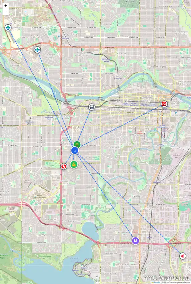 Daily accessibility map for 2116 28 AV SW, Calgary showing nearby schools, grocery stores, parks, LRT stations and nearby amenities