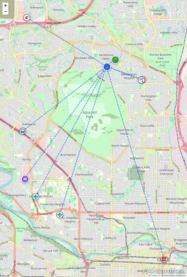 Daily accessibility map for 15 SANDARAC VI NW, Calgary showing nearby schools, grocery stores, parks, LRT stations and nearby amenities